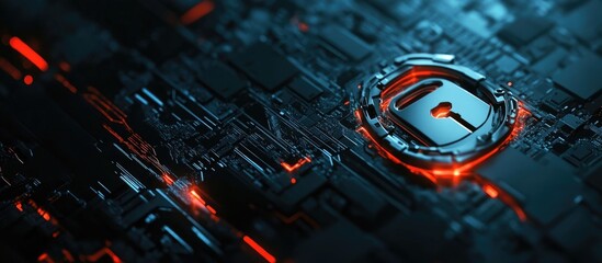 Digital padlock and key concept on dark background showcasing cyber security technology and modern protection systems with space for text