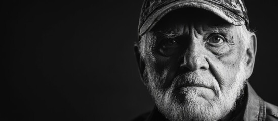 Black and white portrait of a solemn war veteran with empty space for text to honor service and sacrifice in military history
