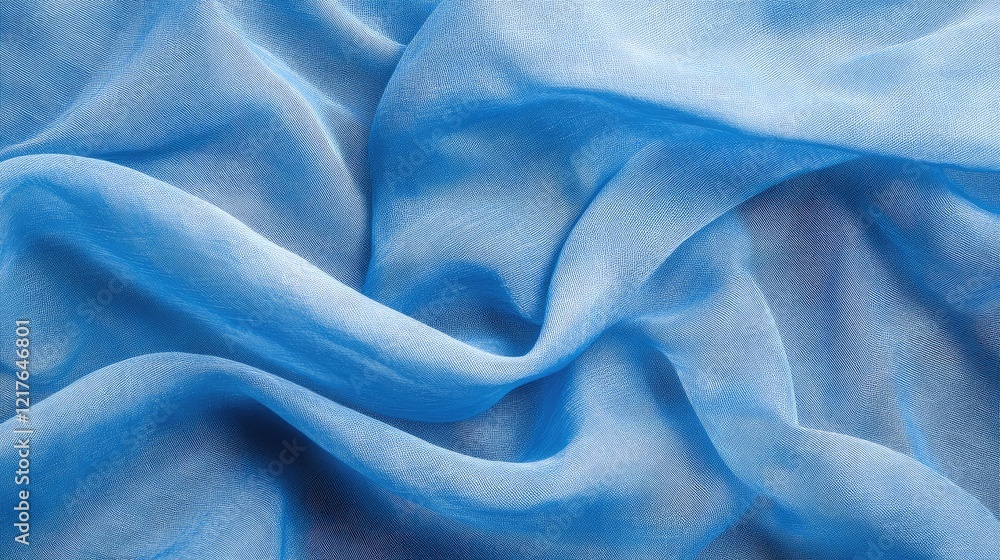 Poster light blue sheer fabric texture with soft folds and wrinkles, abstract textile background with copy 