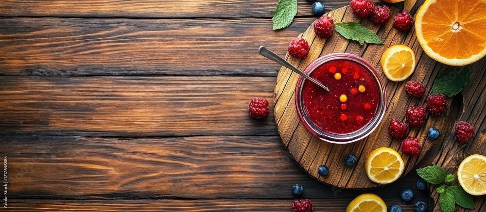 Poster battery charging on wooden table next to colorful fruit compote with empty space for text and fresh 