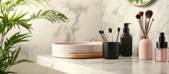 Fototapeta premium Elegant bathroom countertop displaying premium makeup cosmetics with green plant accents and ample copy space for personalized text.