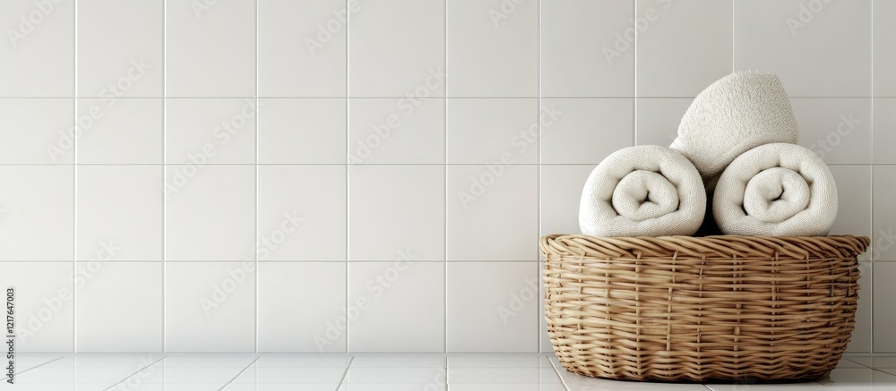 Poster wicker basket displaying rolled towels in modern bathroom setting with clean white tiles and empty c