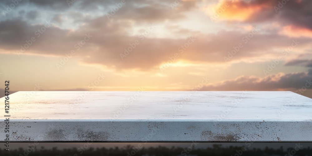 Poster empty white table on wooden surface against blurred sunset background ideal for cafe and startup the