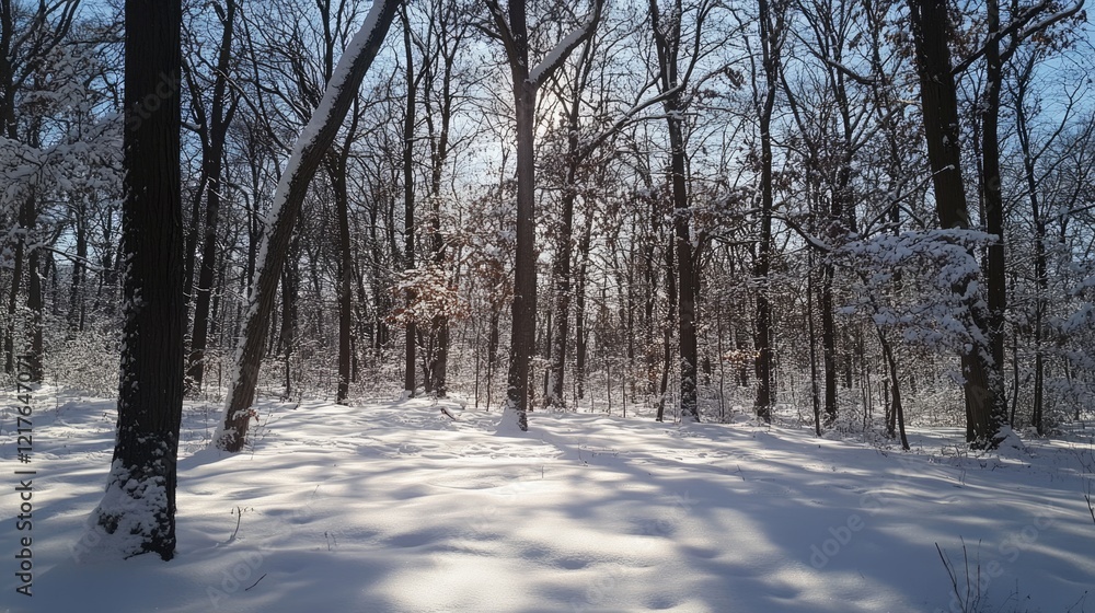 Poster winter forest landscape with snow-covered ground and sun rays filtering through bare trees in a sere