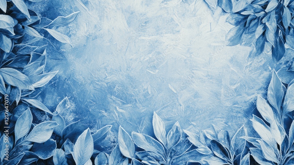 Aufkleber blue textured background with green leaves framing the edges creating a natural border and copy spac