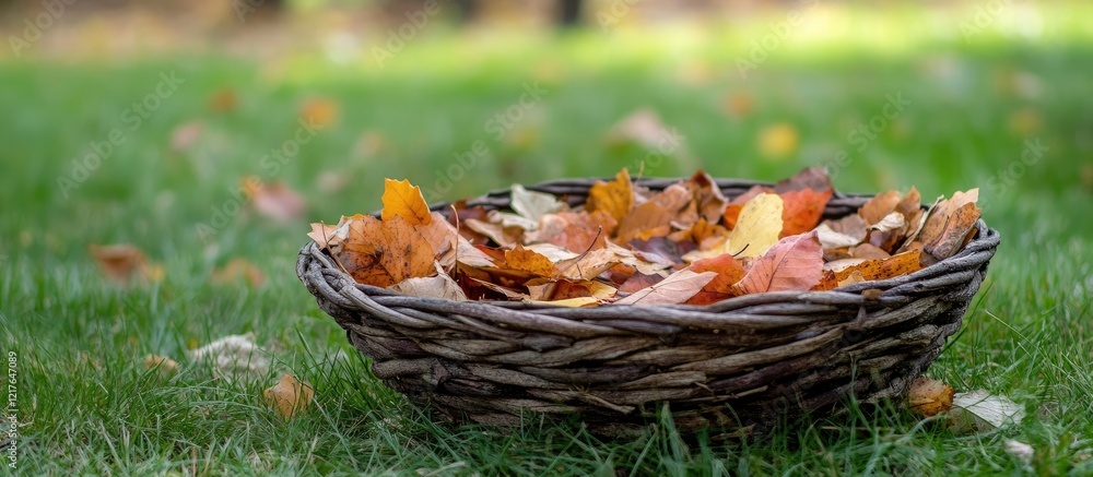 Poster basket filled with colorful fallen leaves resting on vibrant autumn grass with ample space for text 