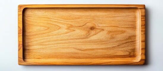 Obraz premium Wooden serving tray with smooth surface and raised edges on a light background Copy Space