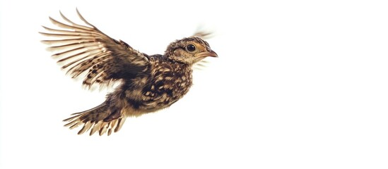 Obraz premium Flying black quail chick isolated on white background with ample copyspace for text and creative design elements