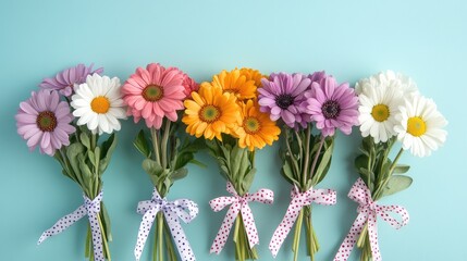 Colorful daisy flower bouquets with polka dot ribbons arranged against a light blue paper background for spring and floral themes
