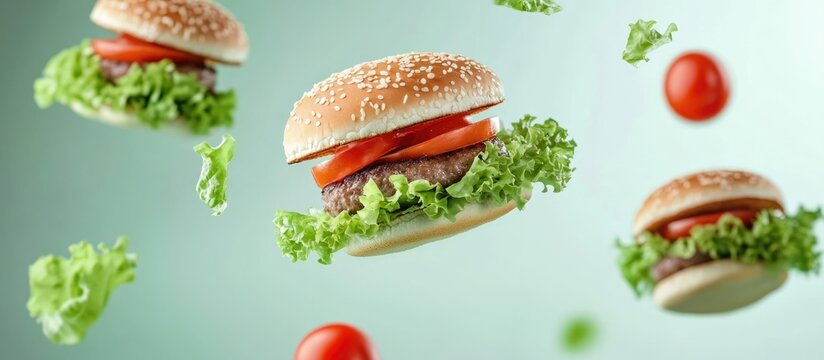 Floating burgers with fresh tomato and lettuce for children's BBQ picnic menu ideas featuring empty space for text adaptation