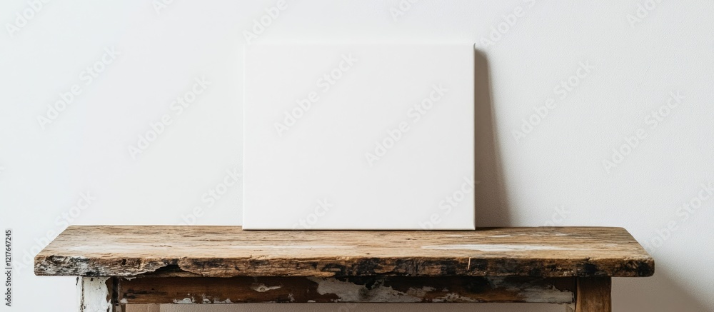 Poster Blank Canvas on Rustic Wooden Table Against Neutral Background Ideal for Custom Text or Artistic Creations with Ample Copyspace
