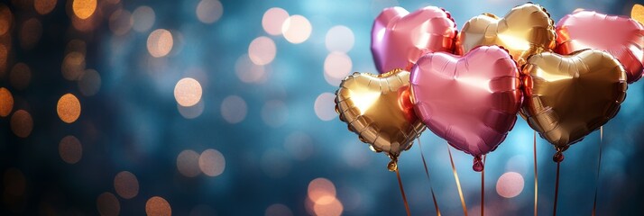 Pink And Golden Foil Heart-Shaped Balloons On A Neon Abstract Bokeh Lights Background