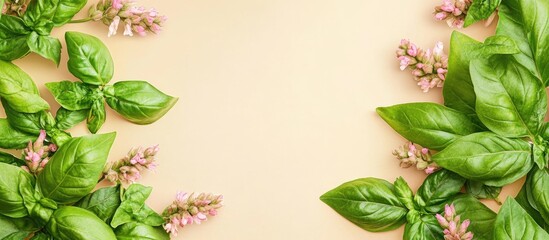 Naklejka premium Basil plant with lush green leaves and delicate pink flowers on a soft pastel background perfect for floral design or natural wellness themes