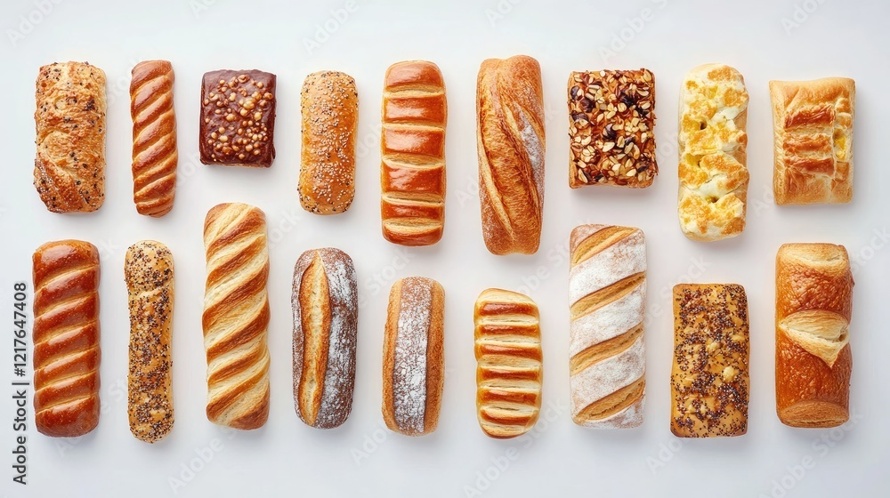 Poster variety of french breakfast breads arranged horizontally for an appealing top view display in a ligh