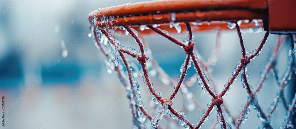 Poster basketball net with water droplets and condensation against a blurred background and copyspace for t