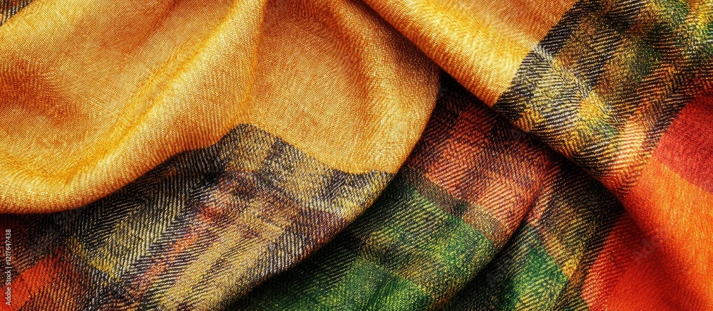 Poster vibrant checkered plaid fabric texture in warm tones of brown yellow green and orange with empty spa