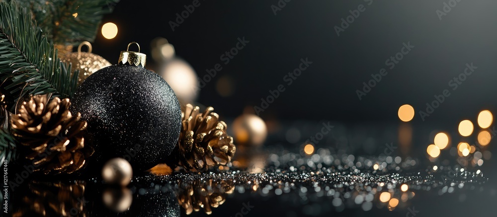 Poster elegant black table decorated with christmas ornaments and pine cones creating a festive atmosphere 