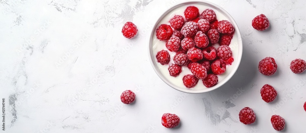 Poster bowl of yogurt topped with fresh raspberries on marble surface with blank space for text or branding
