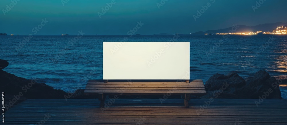 Aufkleber blank canvas on wooden table with night beach background for creative text insert and artistic displ
