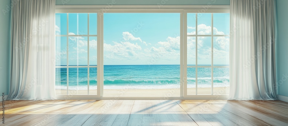 Aufkleber Modern coastal bedroom interior with large windows showcasing stunning ocean view and ample empty space for custom text or advertisements.