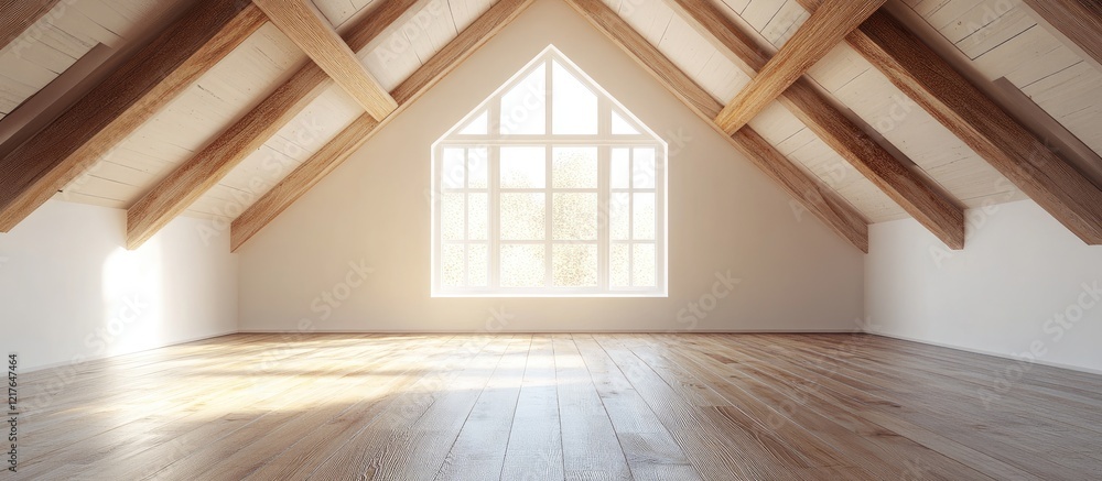 Aufkleber Bright minimalist attic office with wooden beams and large window ideal for workspace design and text placement