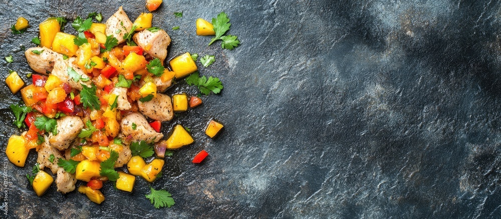 Poster bbq chicken with mango salsa displayed on stone surface featuring generous copyspace for text additi