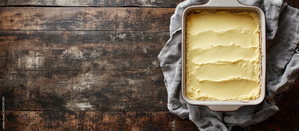 Poster batter in rectangular baking dish ready for oven on rustic wooden table with empty space for text ab