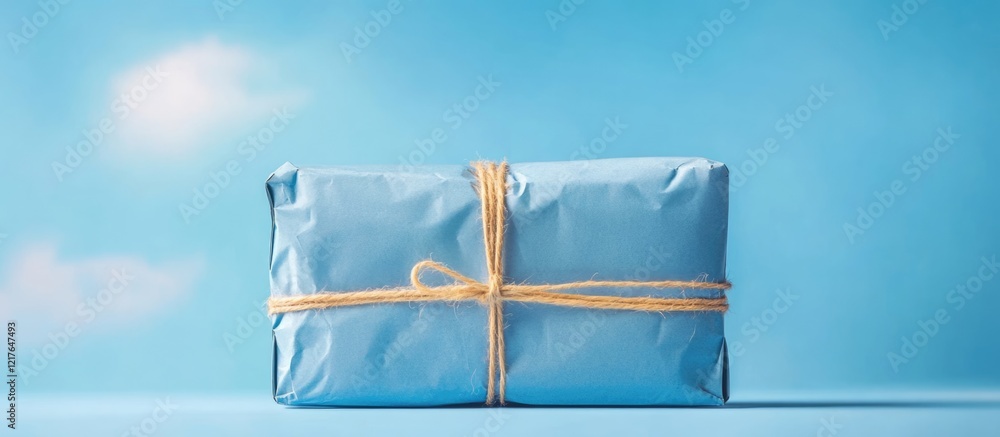 Aufkleber Blue cardboard bread box package tied with twine against a bright sky background featuring ample empty space for text or branding.