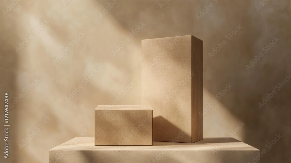 Poster minimalist composition of two geometric cardboard boxes on a neutral background with soft lighting a