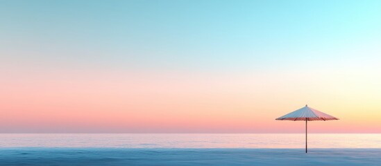 Tropical beach umbrella at serene sunrise with pastel sky and calm sea creating tranquil atmosphere for relaxation and vacation imagery