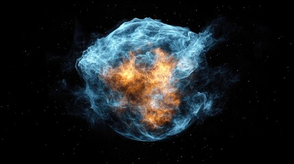 Abstract cosmic explosion with blue and orange smoke-like gases against a black starry background Copy Space