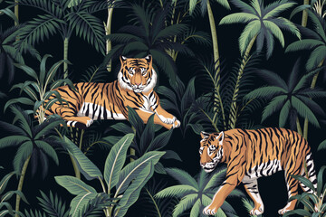 Tiger, tropical palm leaves floral seamless pattern black background. Exotic night botanical jungle wallpaper.	