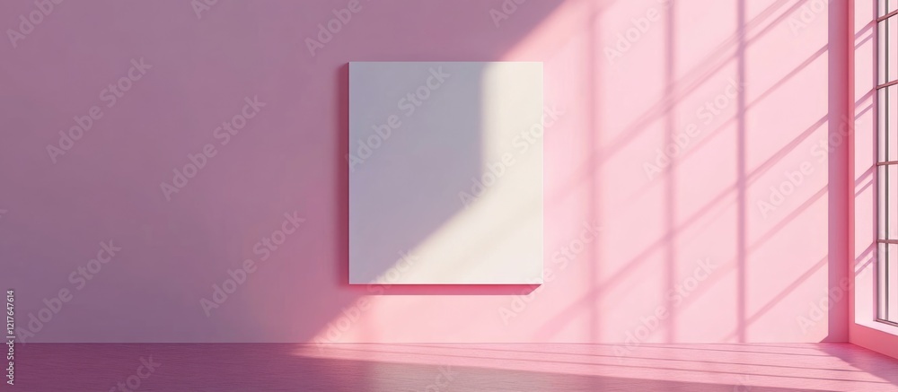 Poster blank canvas on pink wall in sunlight offering ample copyspace for text creation and artistic inspir