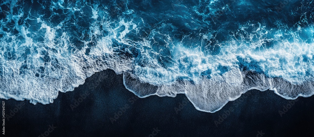 Poster aerial view of black sand beach with crashing ocean waves and clear copyspace for custom text or bra