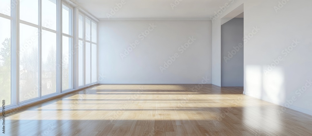 Poster Spacious and bright living room with ample natural light and empty walls for customizable design or text space.