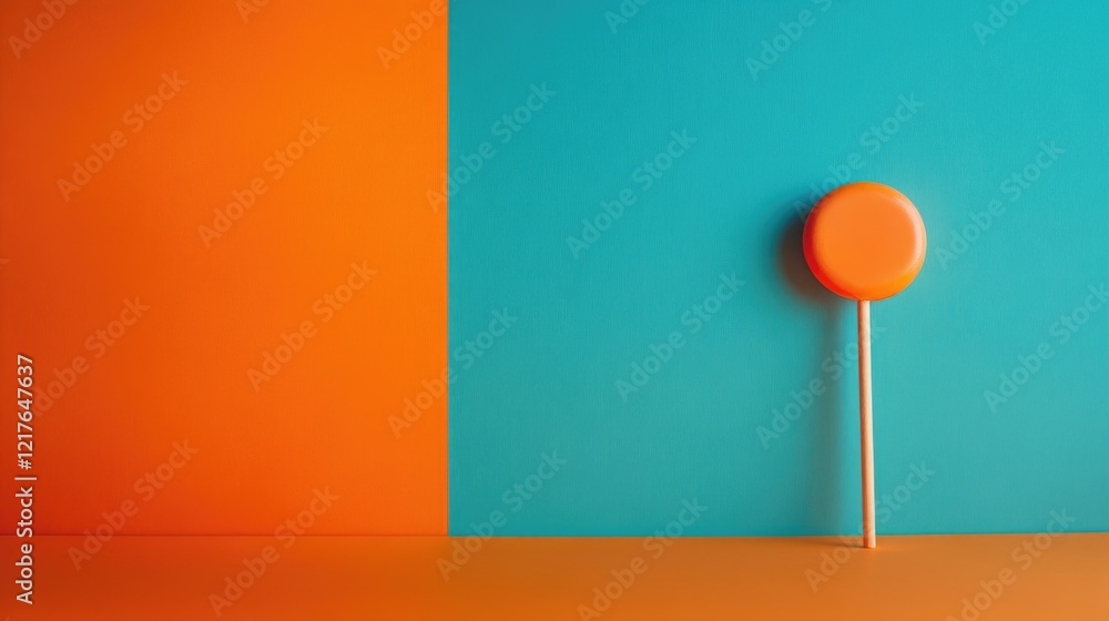 Poster colorful minimalistic composition with orange and turquoise background featuring a round orange loll