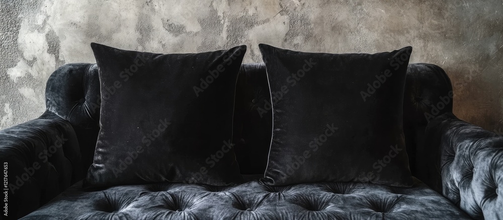 Poster elegant black velvet pillows on a luxurious velour sofa with a blank frame providing ample copyspace