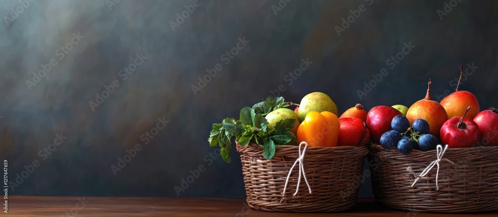 Poster baskets of fresh fruits and vegetables with empty copyspace for text on a rustic wooden table agains