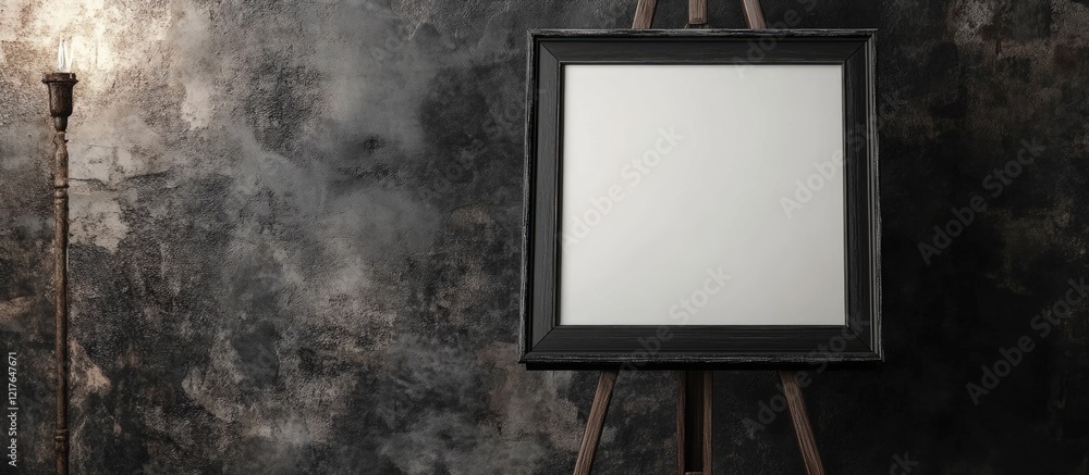 Aufkleber Blank easel with black frame photo on textured background providing ample copyspace for text and creative presentations.