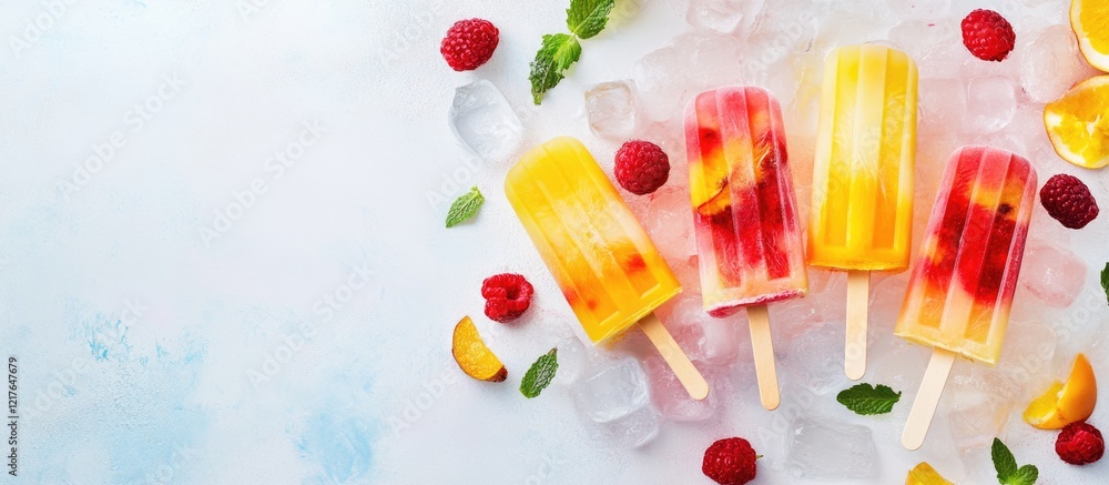 Poster refreshing fruit popsicles with ice cubes and berries on a light background offering ample space for