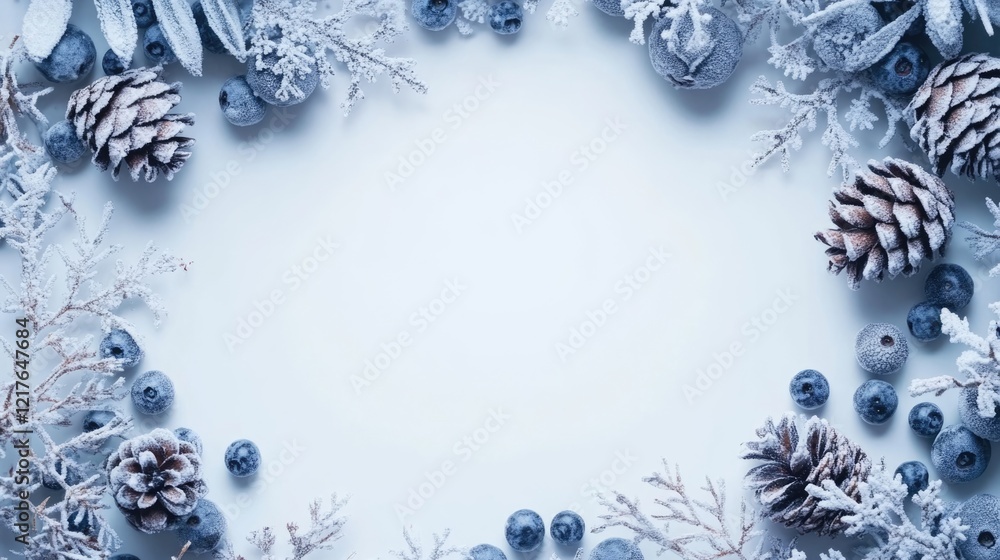 Aufkleber winter-themed background frame featuring blueberries and pine cones surrounded by snowflakes with bl