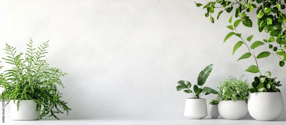 Poster cozy indoor plant display with lush greenery and minimalist white pots featuring ample space for tex