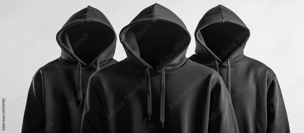 Poster Three Isolated Black Hoodies with Hoods on White Background for Branding and Design Use with Copyspace for Text and Graphics