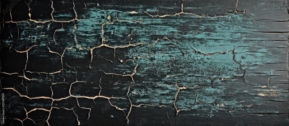Poster Black wood texture with cracks featuring a pale blue sheen and ample copyspace for text customization in design or advertising applications