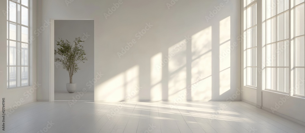 Poster Bright minimalist apartment interior featuring natural tones and large windows with ample empty space for text or design elements.