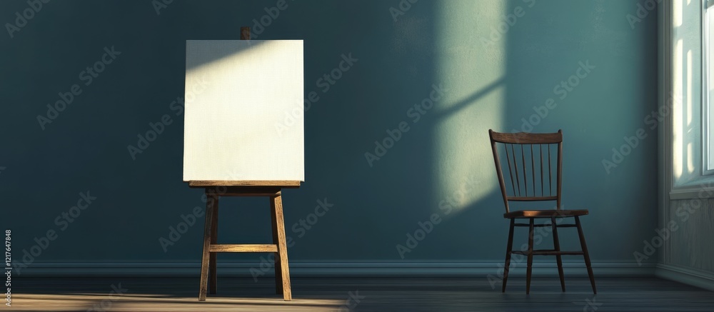 Aufkleber Empty canvas on easel next to chair in well-lit room with sunlight streaming through window creating tranquil artistic environment