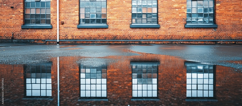 Aufkleber Reflections of a Brick Building in Rainwater with Clear Copy Space for Text and Visual Interest