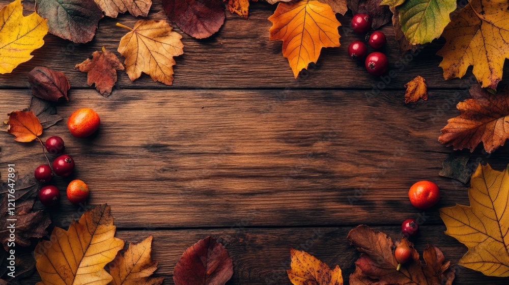 Poster autumn flat lay composition with colorful leaves and berries surrounding a blank space on a rustic w