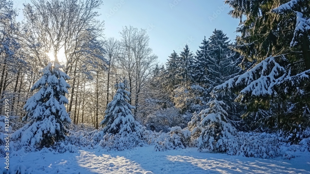 Poster snow-covered forest scene with tall evergreen trees and sunlight filtering through branches during w