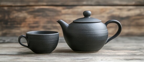 Black tea teapot and cup on rustic wooden background with blank space for tea related text or branding in a cozy setting